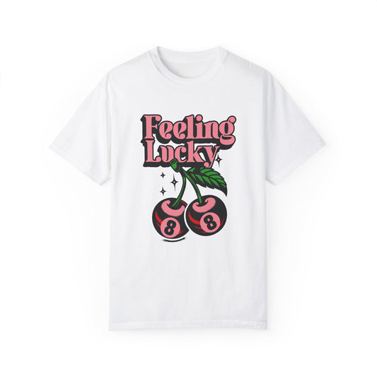 Retro graphic t-shirt with “Feeling Lucky” text and cherry stems featuring pink 8-balls, printed on a Comfort Colors tee.