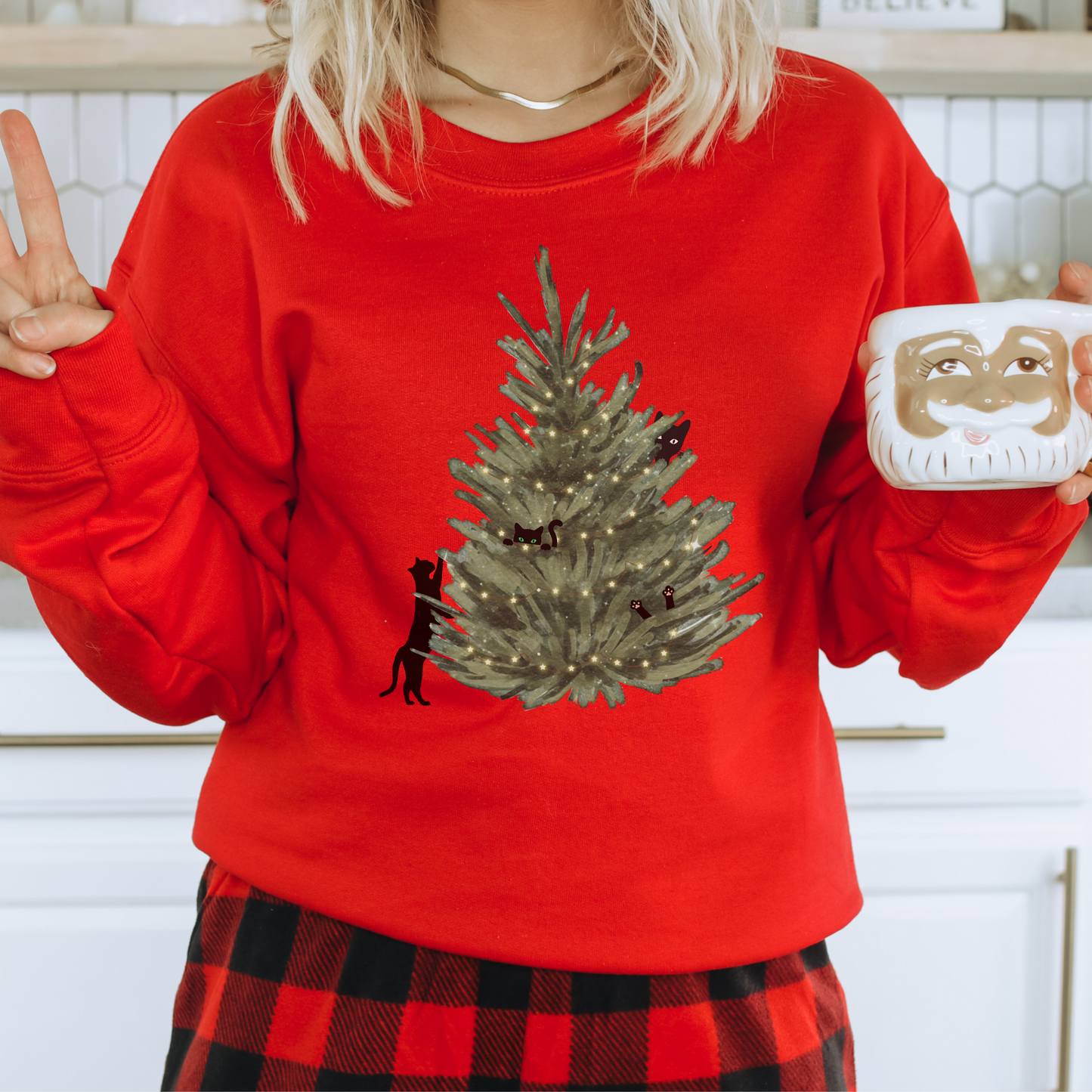 Cat Christmas Sweatshirt, Minimalist Christmas Tree Cats Crewneck