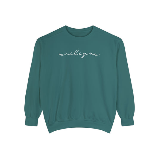 Simple Michigan Sweatshirt, Minimalist Script Michigan Crewneck, Vintage Feel Comfort Colors Pullover