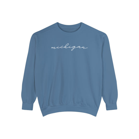 Simple Michigan Sweatshirt, Minimalist Script Michigan Crewneck, Vintage Feel Comfort Colors Pullover