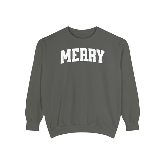 Merry Varsity Style Christmas Crewneck, Comfort Colors Holiday Sweatshirt, Simple Vintage Feel Xmas Pullover