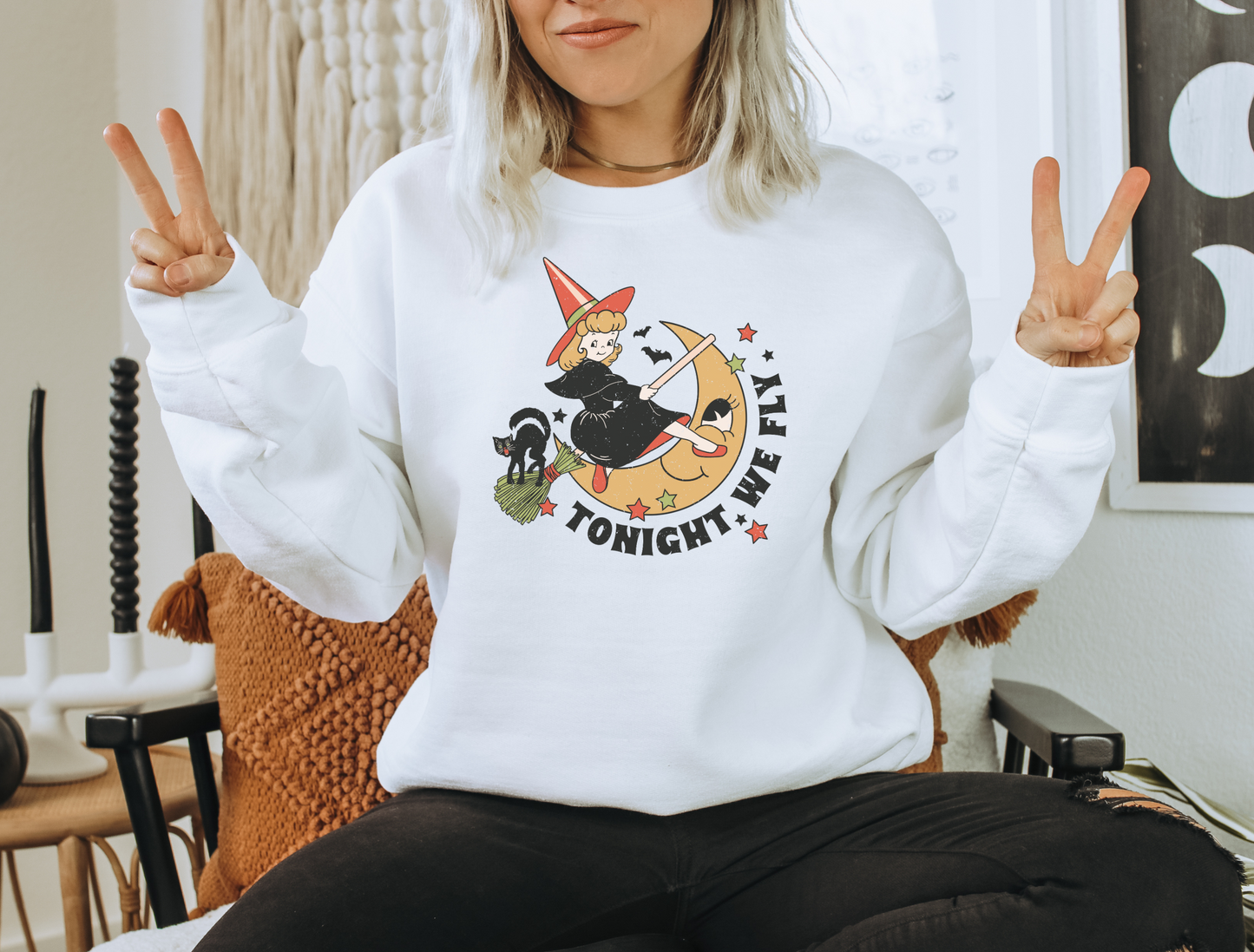 Retro Halloween Sweatshirt | Tonight We Fly Retro Witch Crewneck