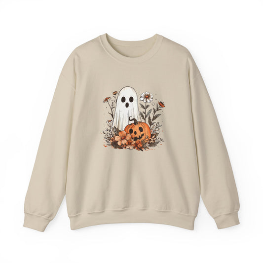 Boho Halloween Crewneck, Floral Ghost & Pumpkin Fall Sweatshirt