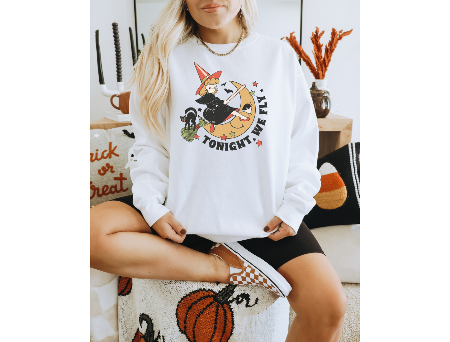 Retro Halloween Sweatshirt | Tonight We Fly Retro Witch Crewneck