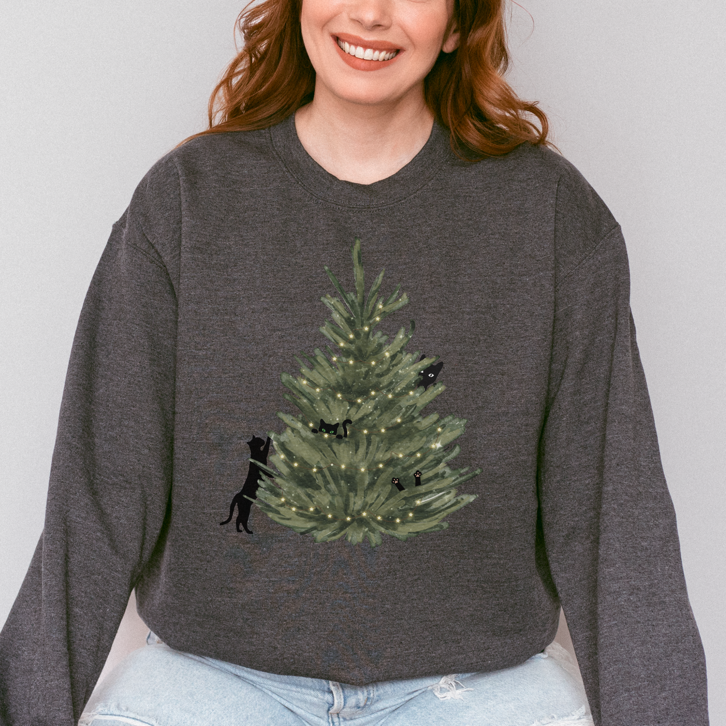 Cat Christmas Sweatshirt, Minimalist Christmas Tree Cats Crewneck