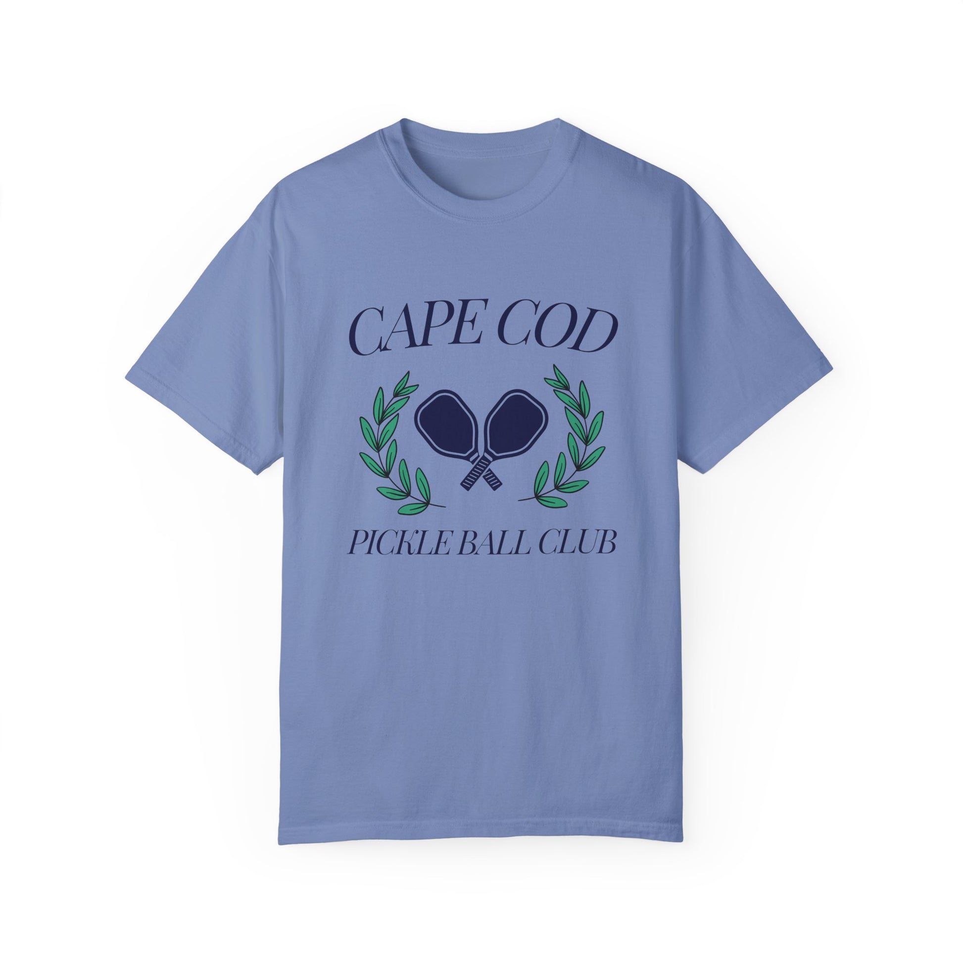 Comfort Colors Cape Cod Pickleball Club t-shirt with paddle and laurel design – unisex coastal tee for pickleball enthusiasts, available S–4XL.