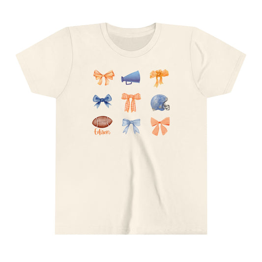 Edison Chargers Youth Bow Football Tee | Orange & Blue Coquette Preppy Bow Tshirt