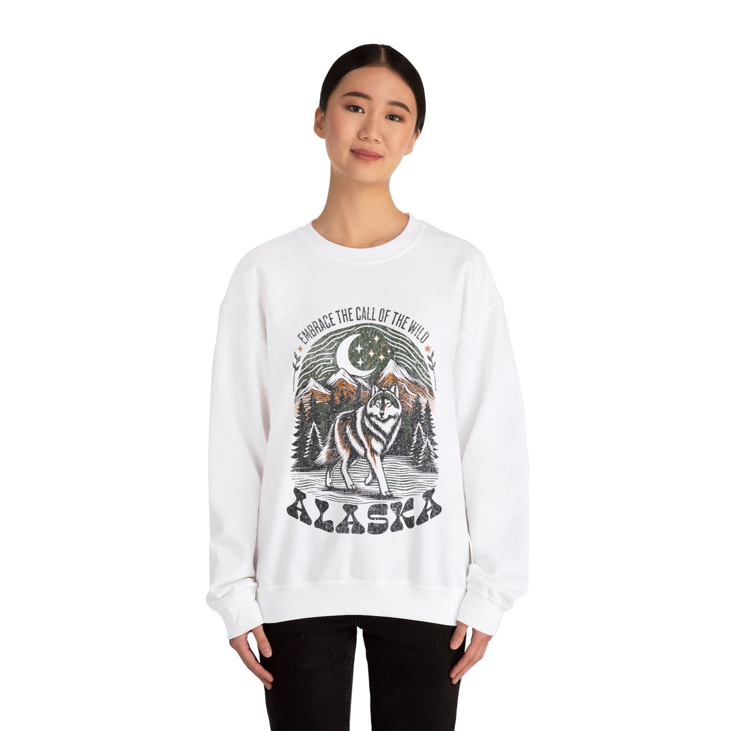 Alaska Wolf Crewneck Sweatshirt, Embrace the Call of the Wild, Outdoor Sweatshirt, Granola Girl Gift, Wilderness Sweatshirt, Wolf Lover