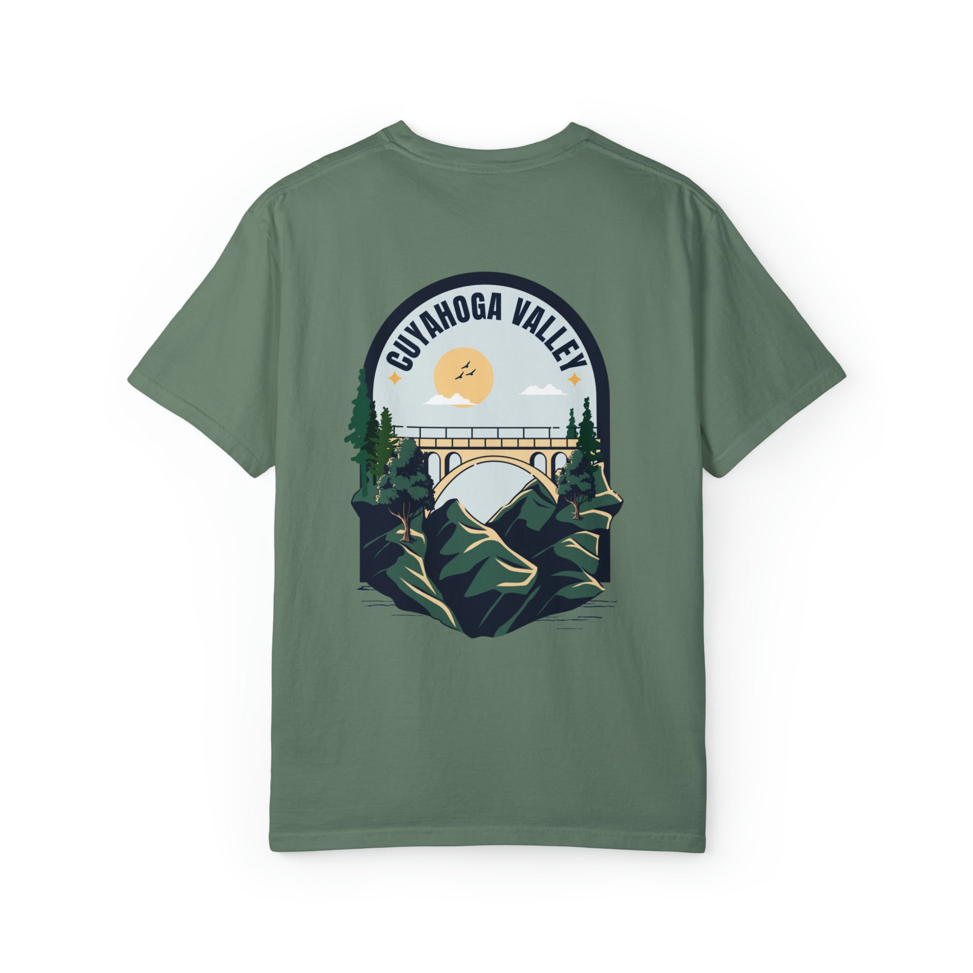 Comfort Colors Graphic Tee with front & Back graphic. The graphic features a bridge and valley landscape and reads Cuyahoga Valley