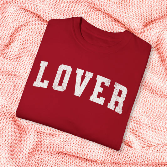 Lover Comfort Colors Shirt, Varsity Style Valentine's Day Tshirt, Vintage Feel Trendy Unisex Garment-Dyed Tee