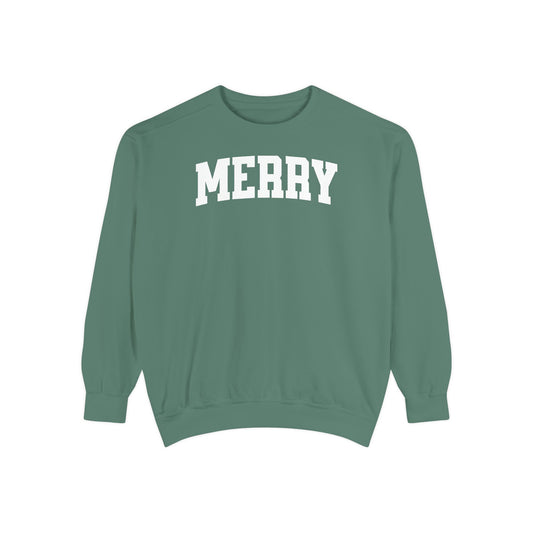 Merry Varsity Style Christmas Crewneck, Comfort Colors Holiday Sweatshirt, Simple Vintage Feel Xmas Pullover