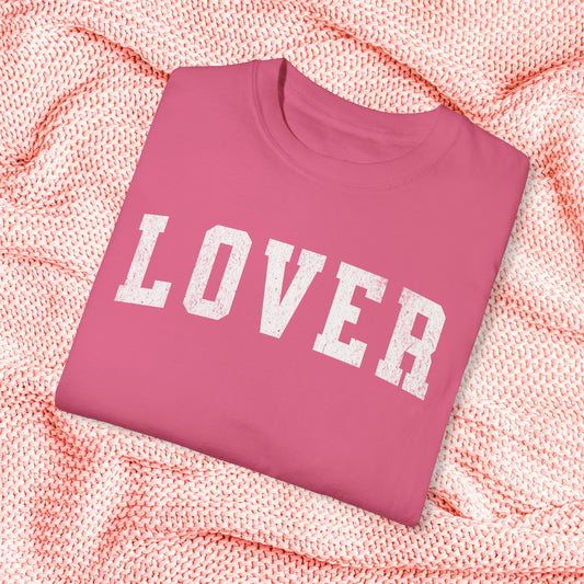 Lover Comfort Colors Shirt, Varsity Style Valentine's Day Tshirt, Vintage Feel Trendy Unisex Garment-Dyed Tee