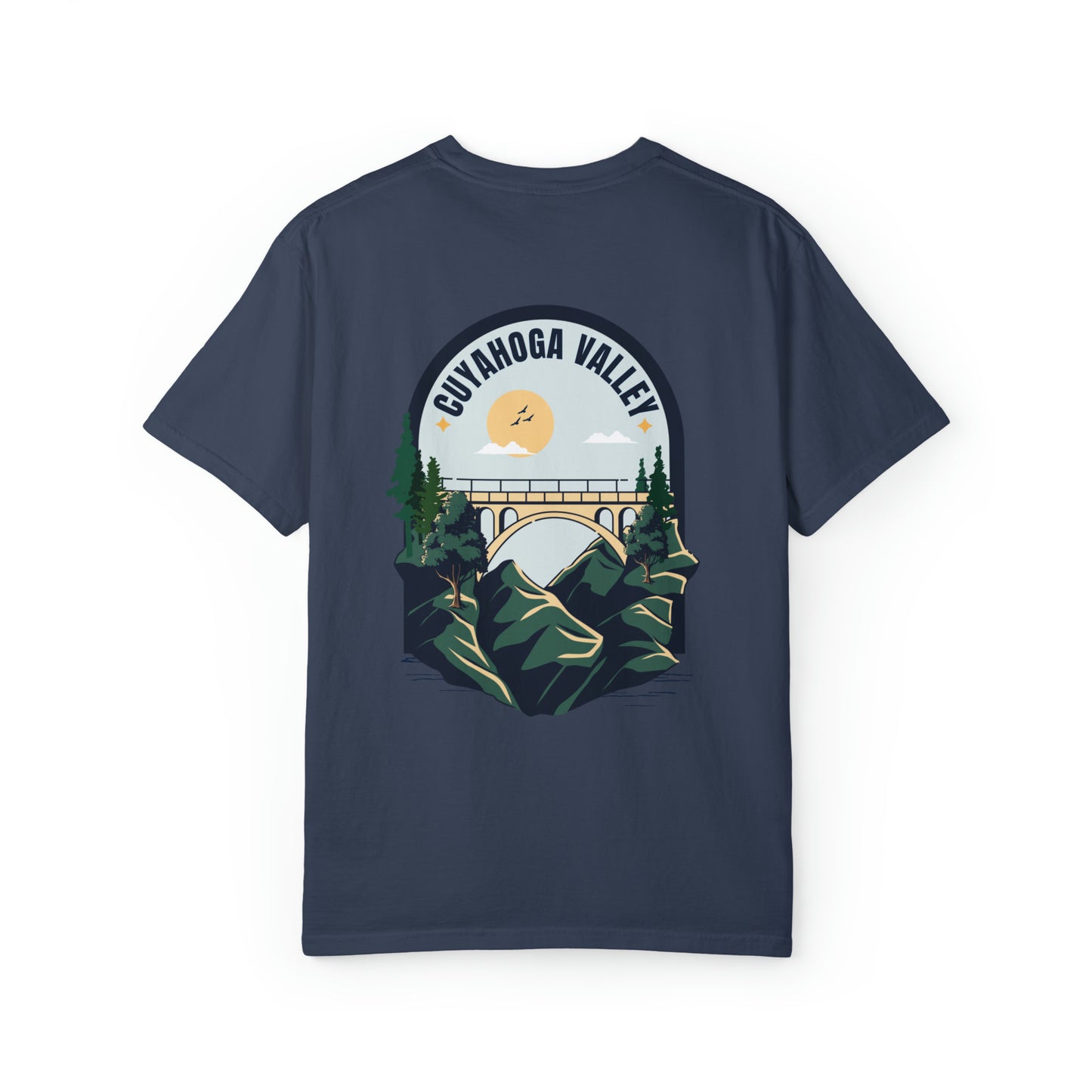 Comfort Colors Graphic Tee with front & Back graphic. The graphic features a bridge and valley landscape and reads Cuyahoga Valley