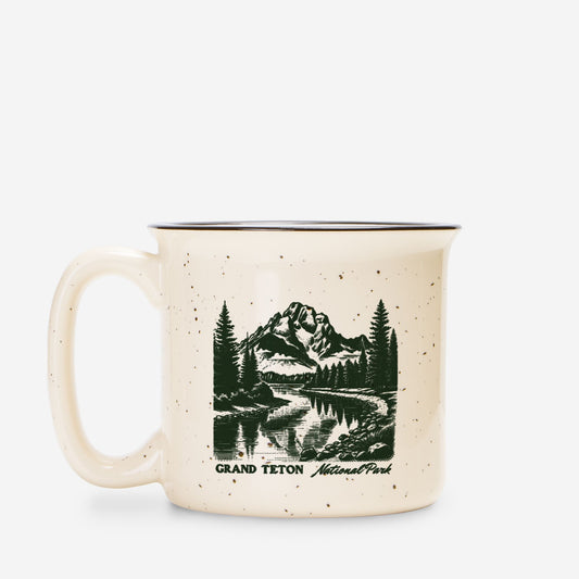 Grand Teton National Park Ceramic Camp Mug, Outdoorsy Style Speckled Cream Mug 13oz