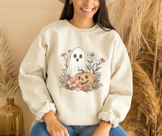 Boho Halloween Crewneck, Floral Ghost & Pumpkin Fall Sweatshirt