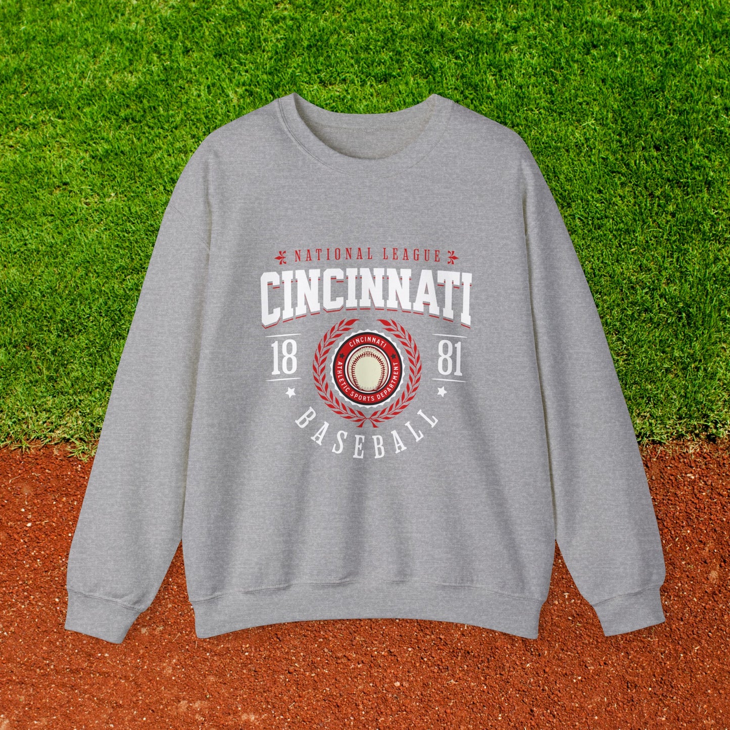 Crewneck Sweatshirt with Cincinnati Baseball Graphic in Red and White. National League 1881 Sports Department