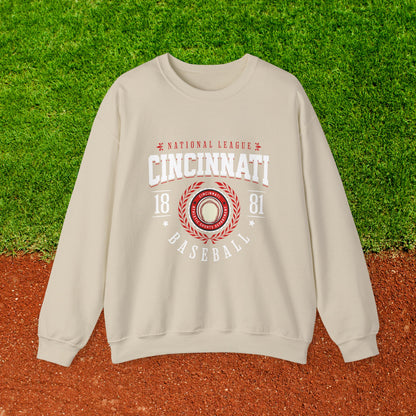 Crewneck Sweatshirt with Cincinnati Baseball Graphic in Red and White. National League 1881 Sports Department