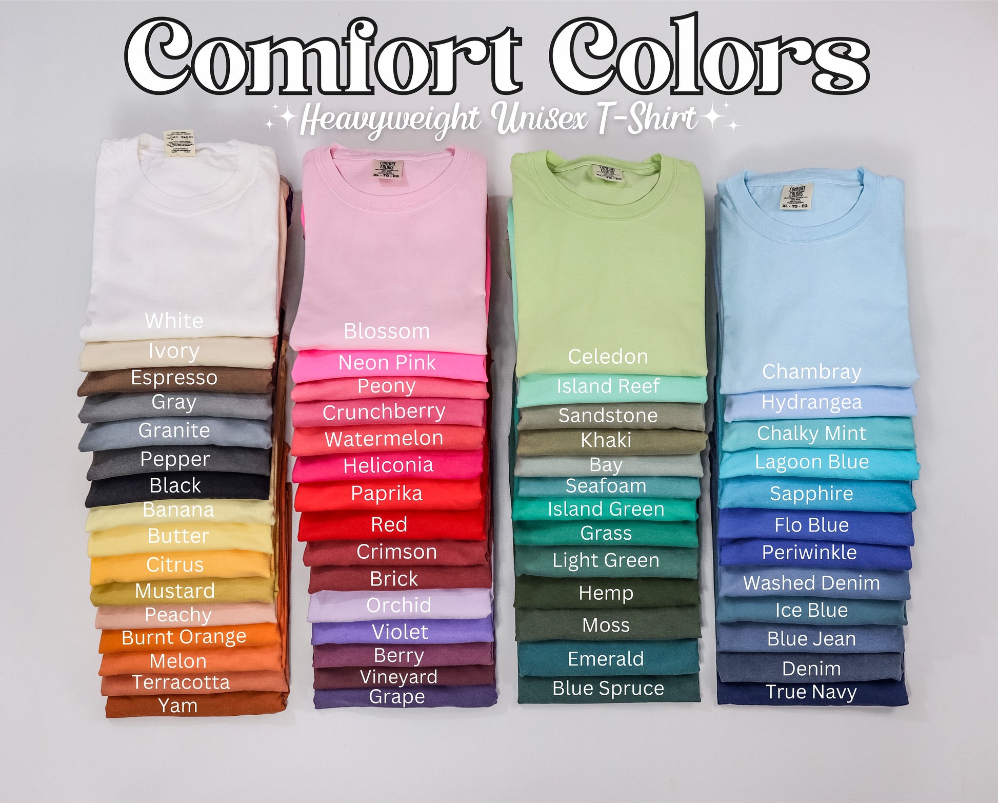 A color chart for comfort colors 1717 tshirts