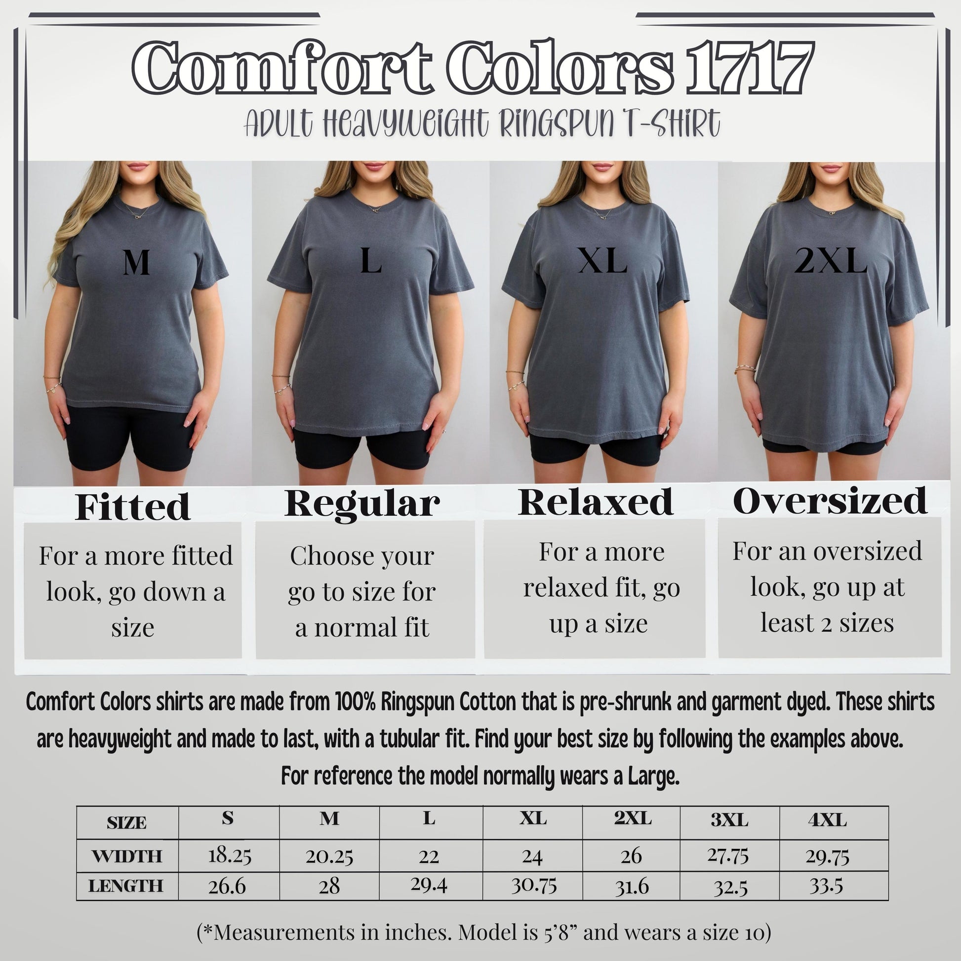 A size chart for Comfort Colors 1717 Tshirts.