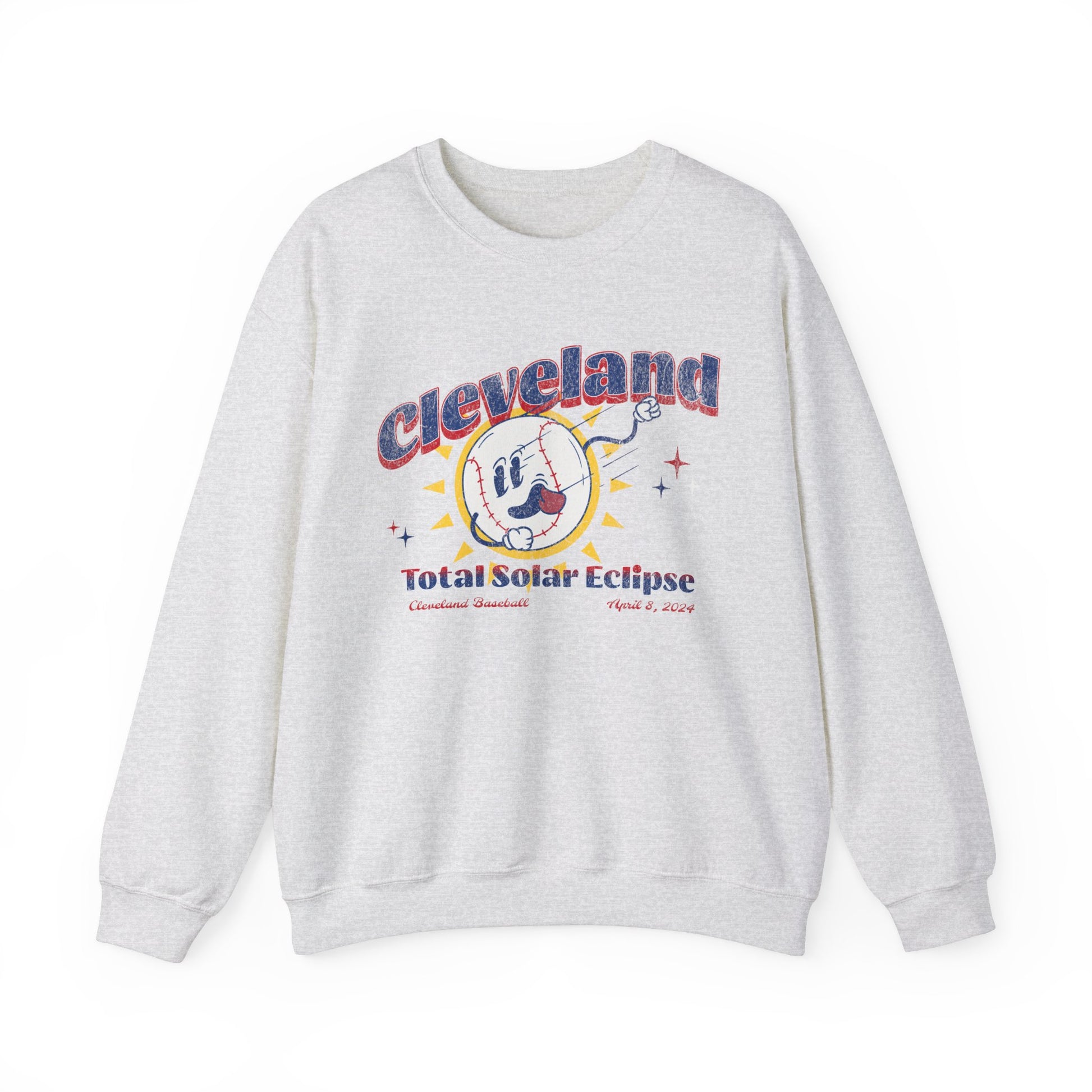 Crewneck Sweatshirt featuring a retro inspired Baseball Mascot. The text reads Cleveland Total Solar Eclipse April 2024 in red and blue font.