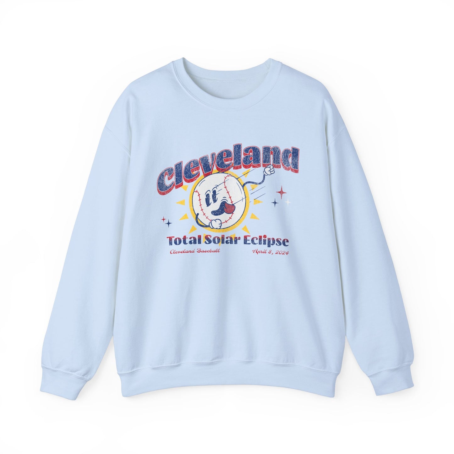 Crewneck Sweatshirt featuring a retro inspired Baseball Mascot. The text reads Cleveland Total Solar Eclipse April 2024 in red and blue font.