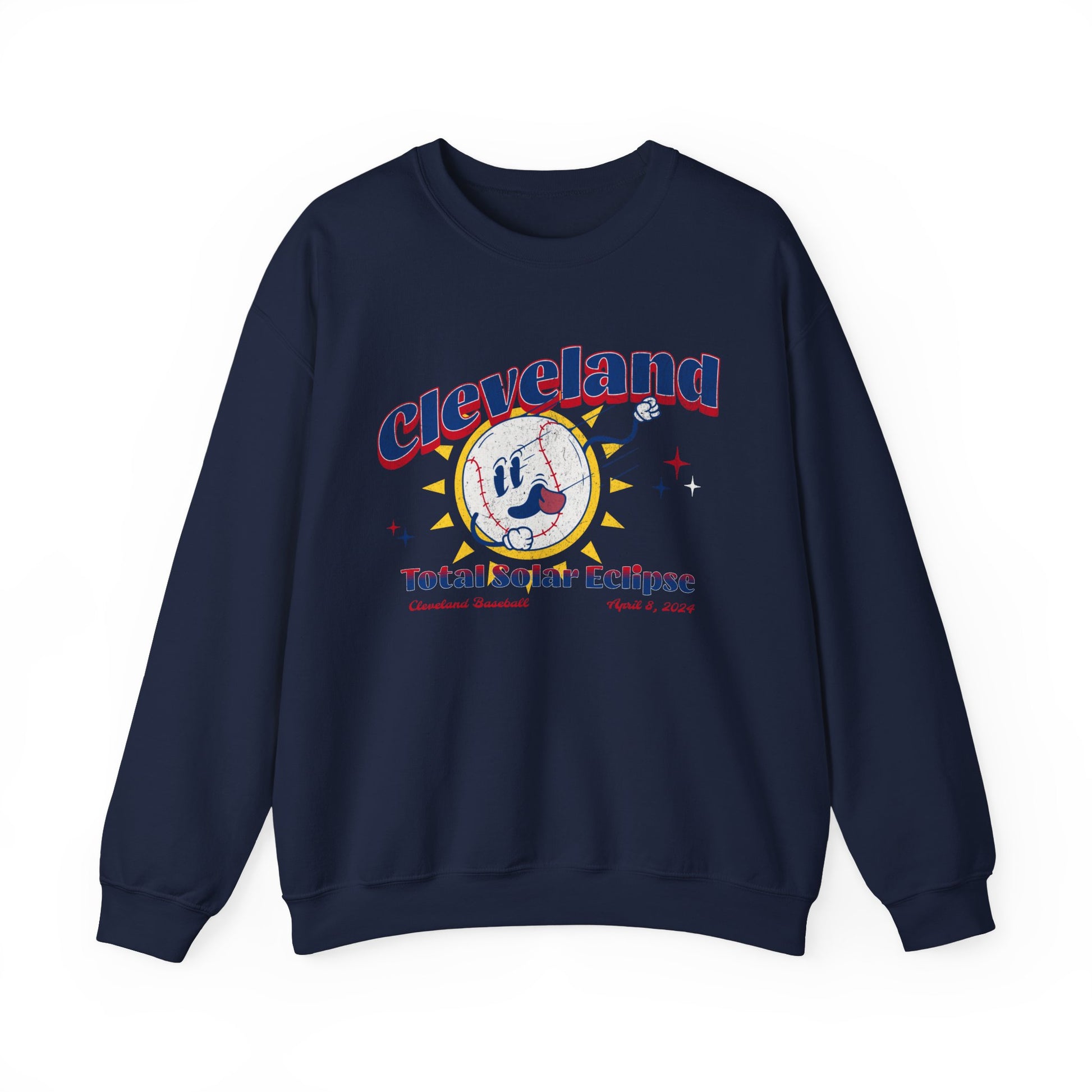 Crewneck Sweatshirt featuring a retro inspired Baseball Mascot. The text reads Cleveland Total Solar Eclipse April 2024 in red and blue font.