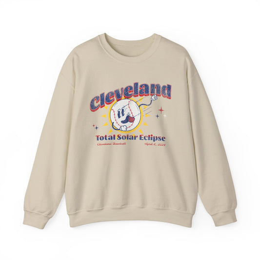 Crewneck Sweatshirt featuring a retro inspired Baseball Mascot. The text reads Cleveland Total Solar Eclipse April 2024 in red and blue font.