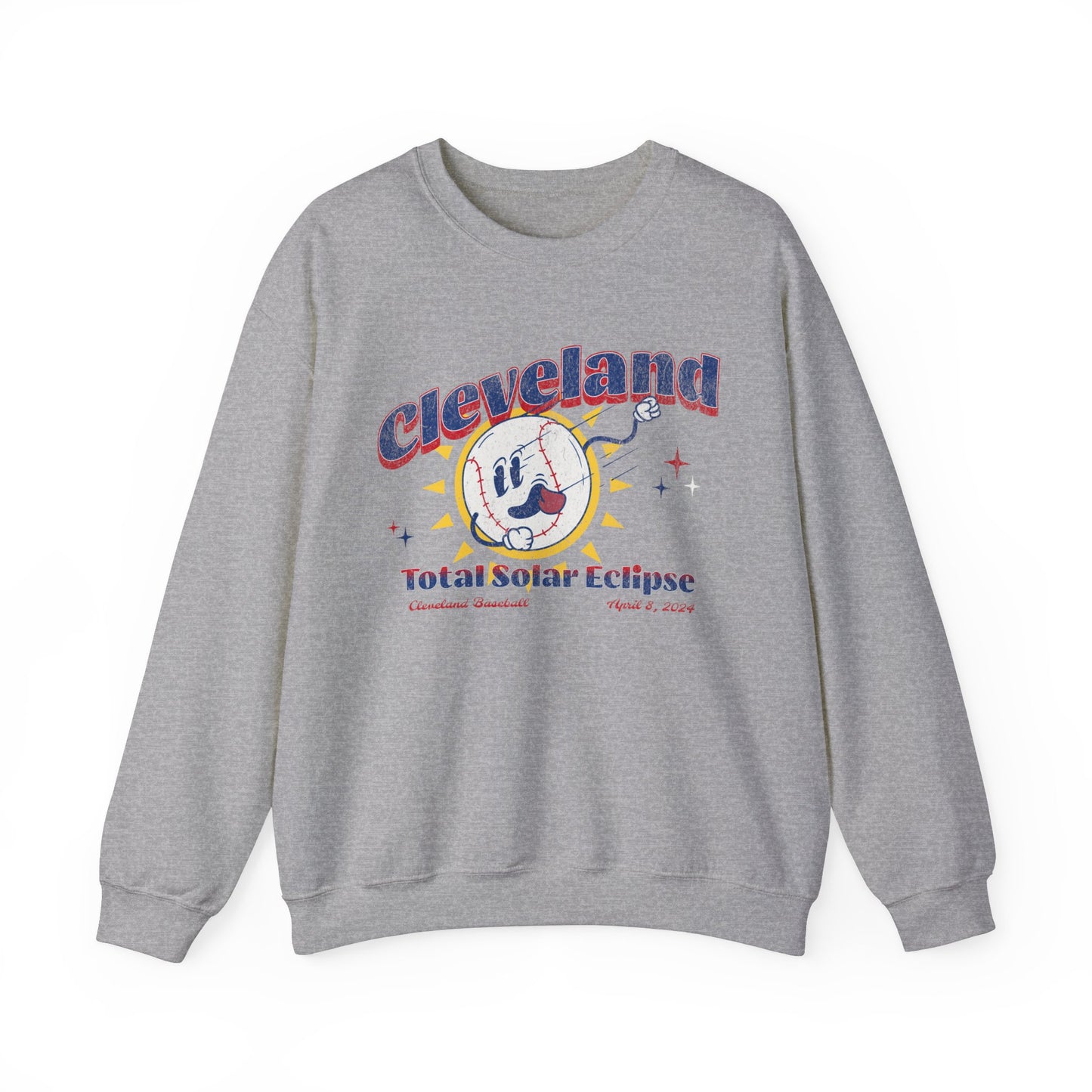 Crewneck Sweatshirt featuring a retro inspired Baseball Mascot. The text reads Cleveland Total Solar Eclipse April 2024 in red and blue font.