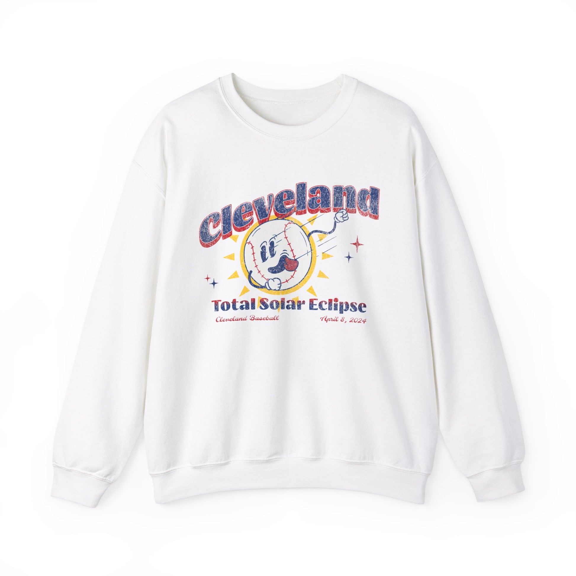 Crewneck Sweatshirt featuring a retro inspired Baseball Mascot. The text reads Cleveland Total Solar Eclipse April 2024 in red and blue font.