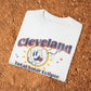 Comfort Colors t-shirt featuring a fun retro baseball mascot character with the text 'Cleveland Baseball Solar Eclipse April 2024.' Perfect for celebrating the upcoming solar eclipse in style while supporting Cleveland's baseball heritage.