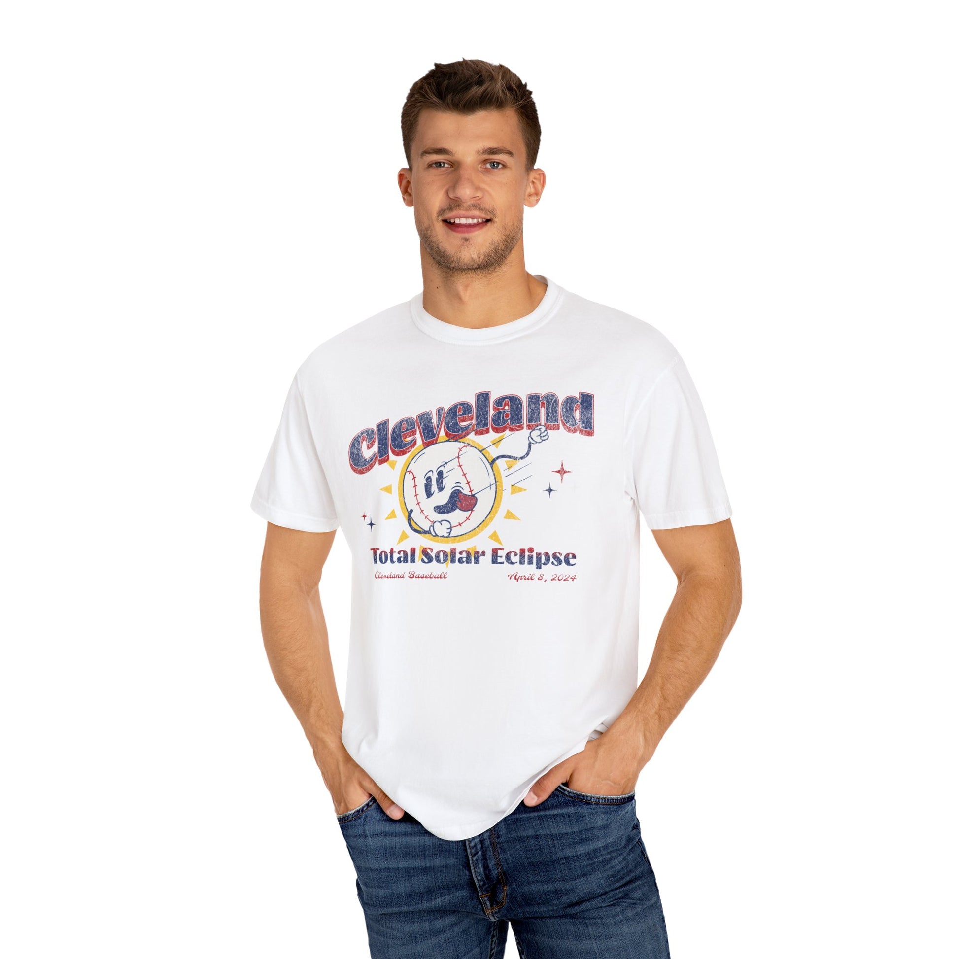 Comfort Colors t-shirt featuring a fun retro baseball mascot character with the text 'Cleveland Baseball Solar Eclipse April 2024.' Perfect for celebrating the upcoming solar eclipse in style while supporting Cleveland's baseball heritage.