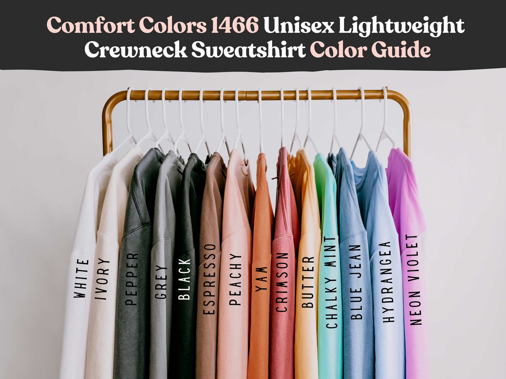 Various Comfor Colors 1466 Unisex LIghtweight Crewneck Sweatshirts hung on a rack to show the color variety .