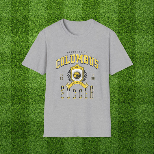 Columbus Soccer Tshirt featuring a vintage inspired athletic graphic in cbus futbol colors black and yellow