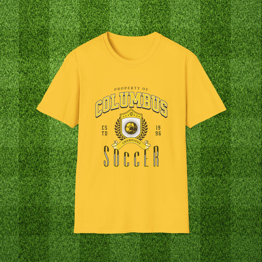 Columbus Soccer Tshirt featuring a vintage inspired athletic graphic in cbus futbol colors black and yellow