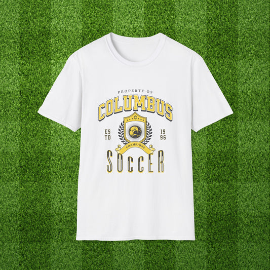 Columbus Soccer Tshirt featuring a vintage inspired athletic graphic in cbus futbol colors black and yellow