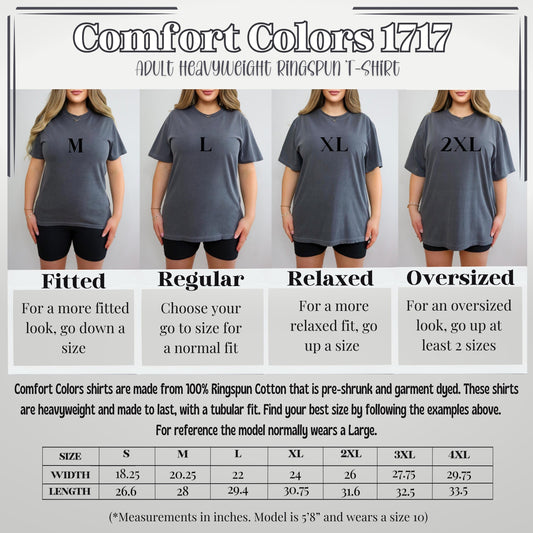Comfort Colors Size Chart featuring a model wearing 4 sizes of the same tshirt to show the comparison in fit.