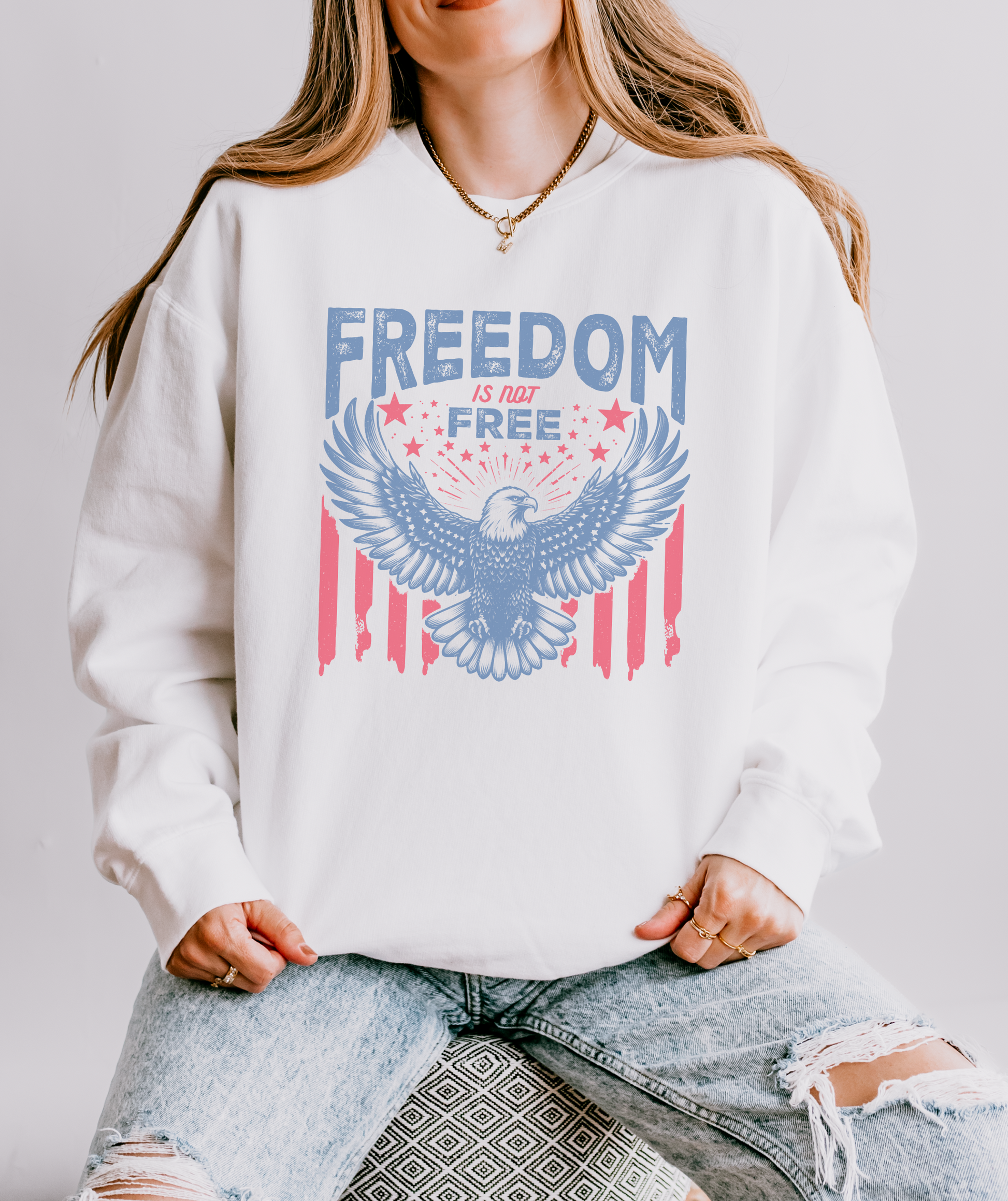 Patriotic Crewneck featuring American Eagle and Freedom is not Free Message printed on a Lightweight Comfort Colors Sweatshirt