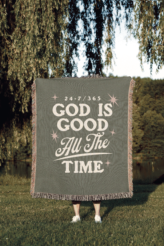 Woven Christian throw blanket with “24/7 365 God Is Good All the Time” text, 100% cotton, fringed edges – perfect religious gift or cozy faith-based home decor.