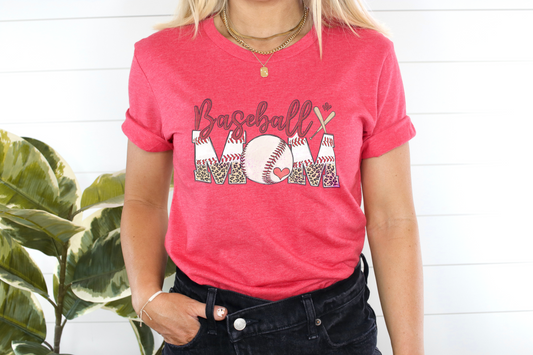 Baseball Mom graphic featuring leopard print “MOM” letters, a heart-detailed baseball, and crossed bats in red, black, and cheetah tones.
