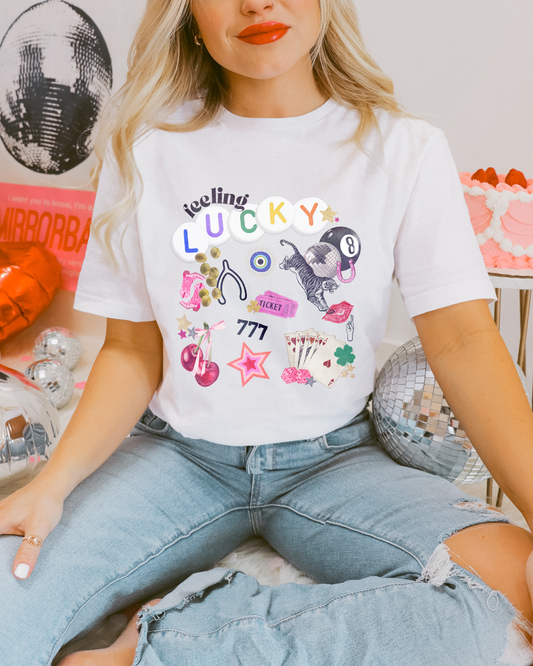 Feeling Lucky Collage Graphic Tee – Trendy Preppy T-Shirt | Y2K Lucky Girl Aesthetic