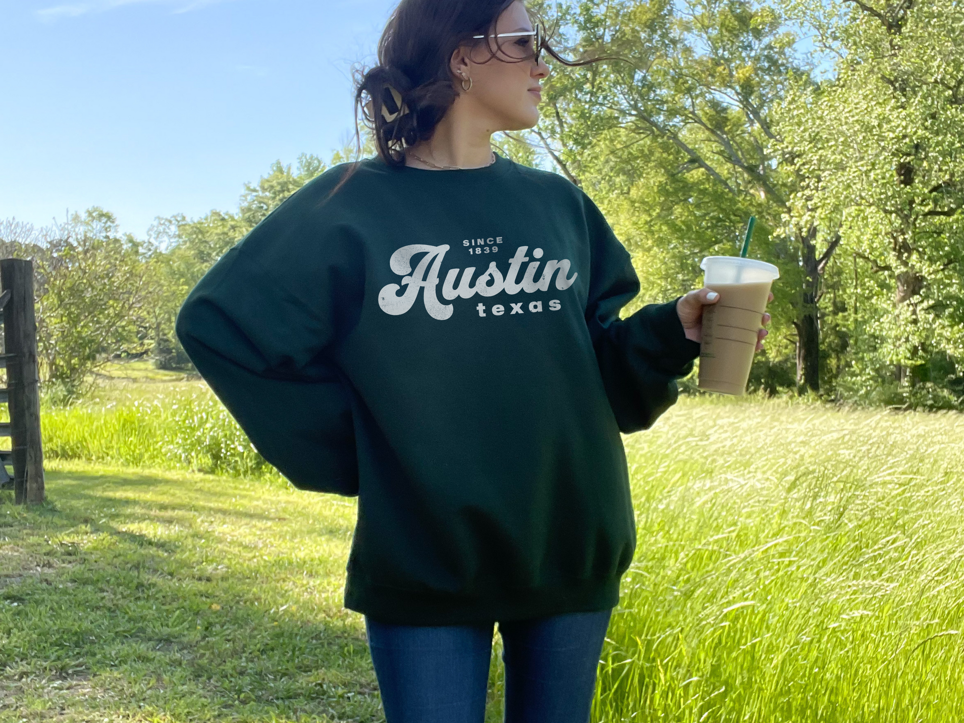 Retro Inspired Text graphic that reads Austin Texas Since 1839 printed on a crewneck sweatshirt