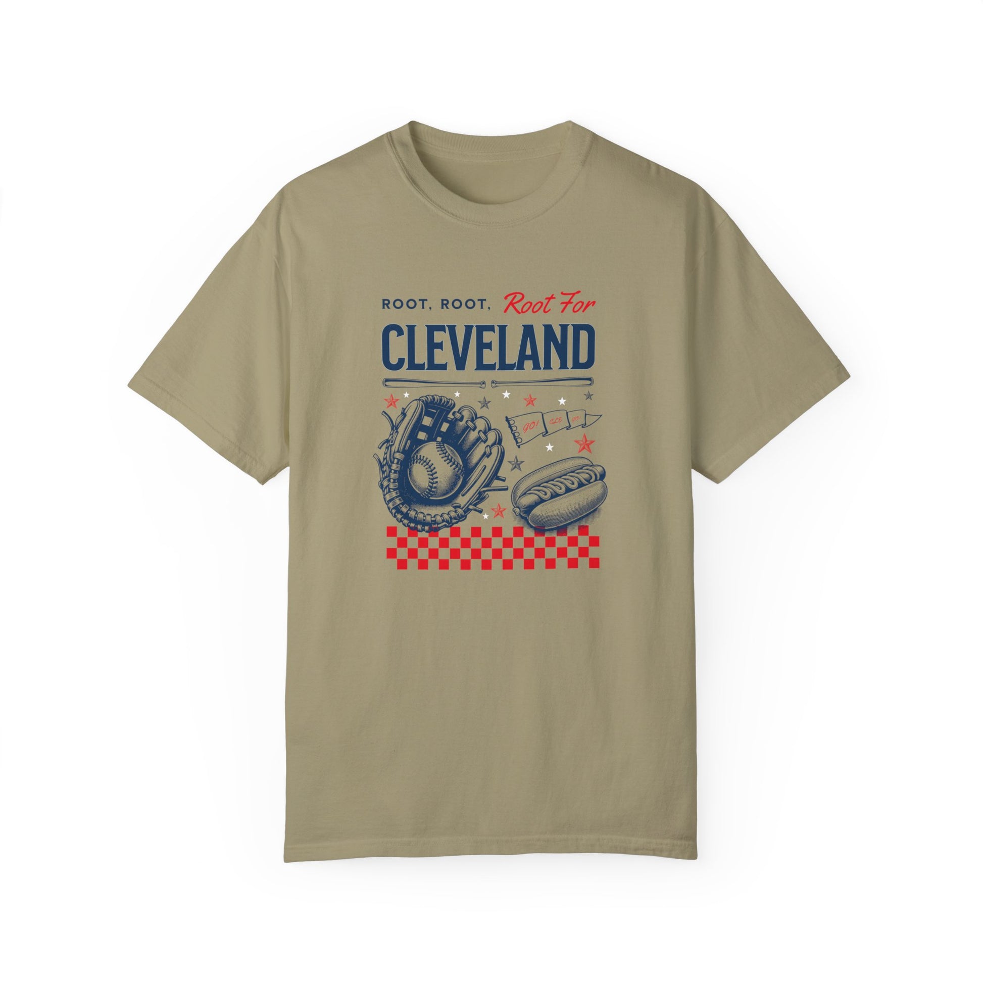 Khaki Comfort Colors Tshirt with a Vintage Inspired baseball graphic. The graphic features a baseball glove, ball, and hotdog and various sports items. The text reads Root, Root, Root for Cleveland!