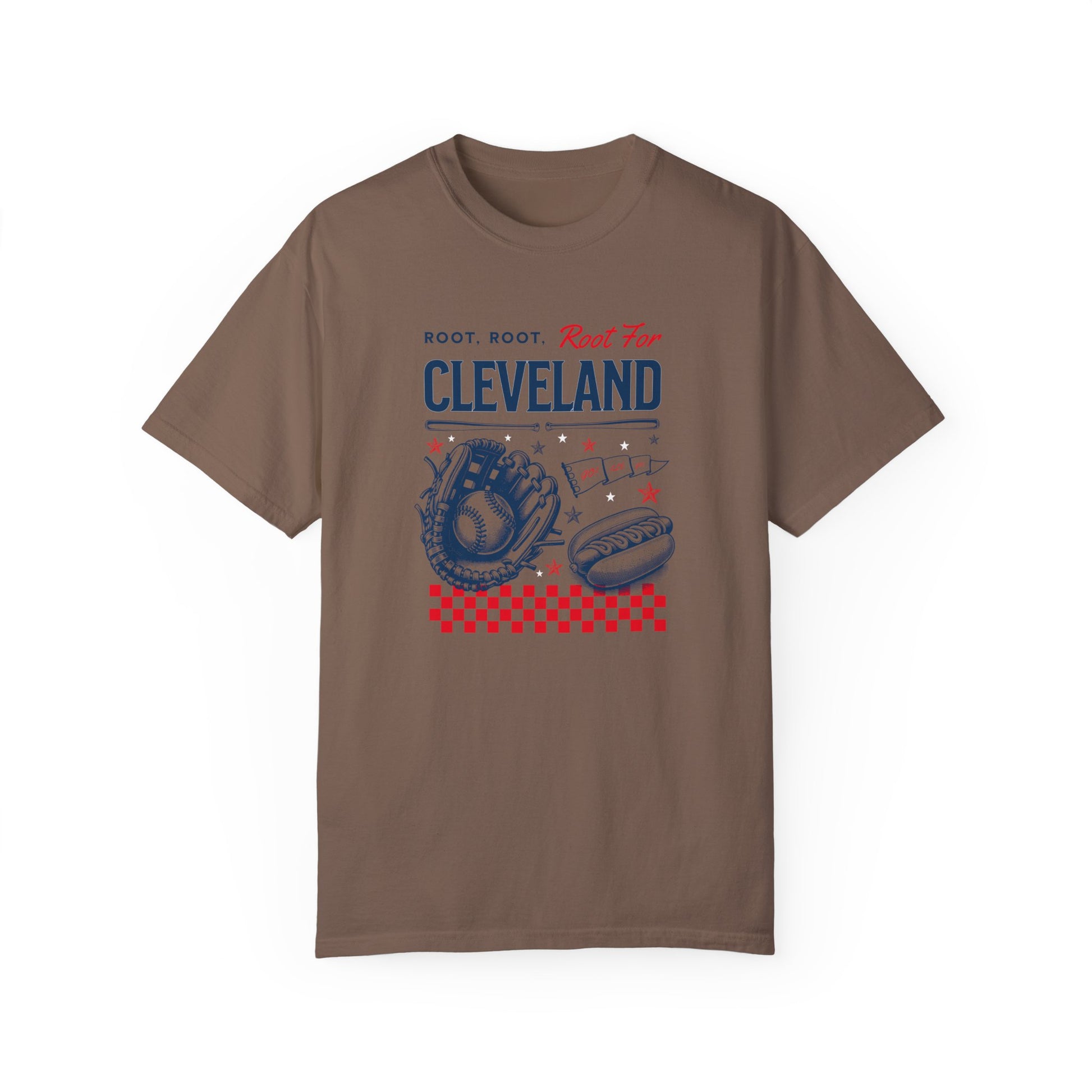 Espresso (Brown) Comfort Colors Tshirt with a Vintage Inspired baseball graphic. The graphic features a baseball glove, ball, and hotdog and various sports items. The text reads Root, Root, Root for Cleveland!