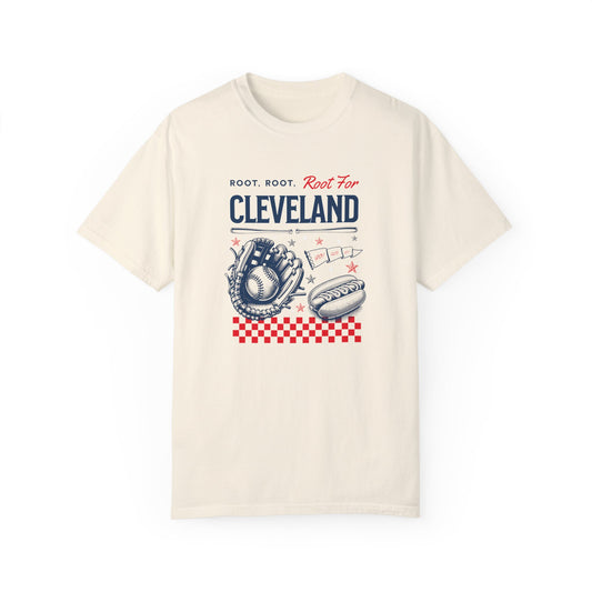 Ivory Comfort Colors Tshirt with a Vintage Inspired baseball graphic. The graphic features a baseball glove, ball, and hotdog and various sports items. The text reads Root, Root, Root for Cleveland!