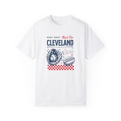 White Comfort Colors Tshirt with a Vintage Inspired baseball graphic. The graphic features a baseball glove, ball, and hotdog and various sports items. The text reads Root, Root, Root for Cleveland!