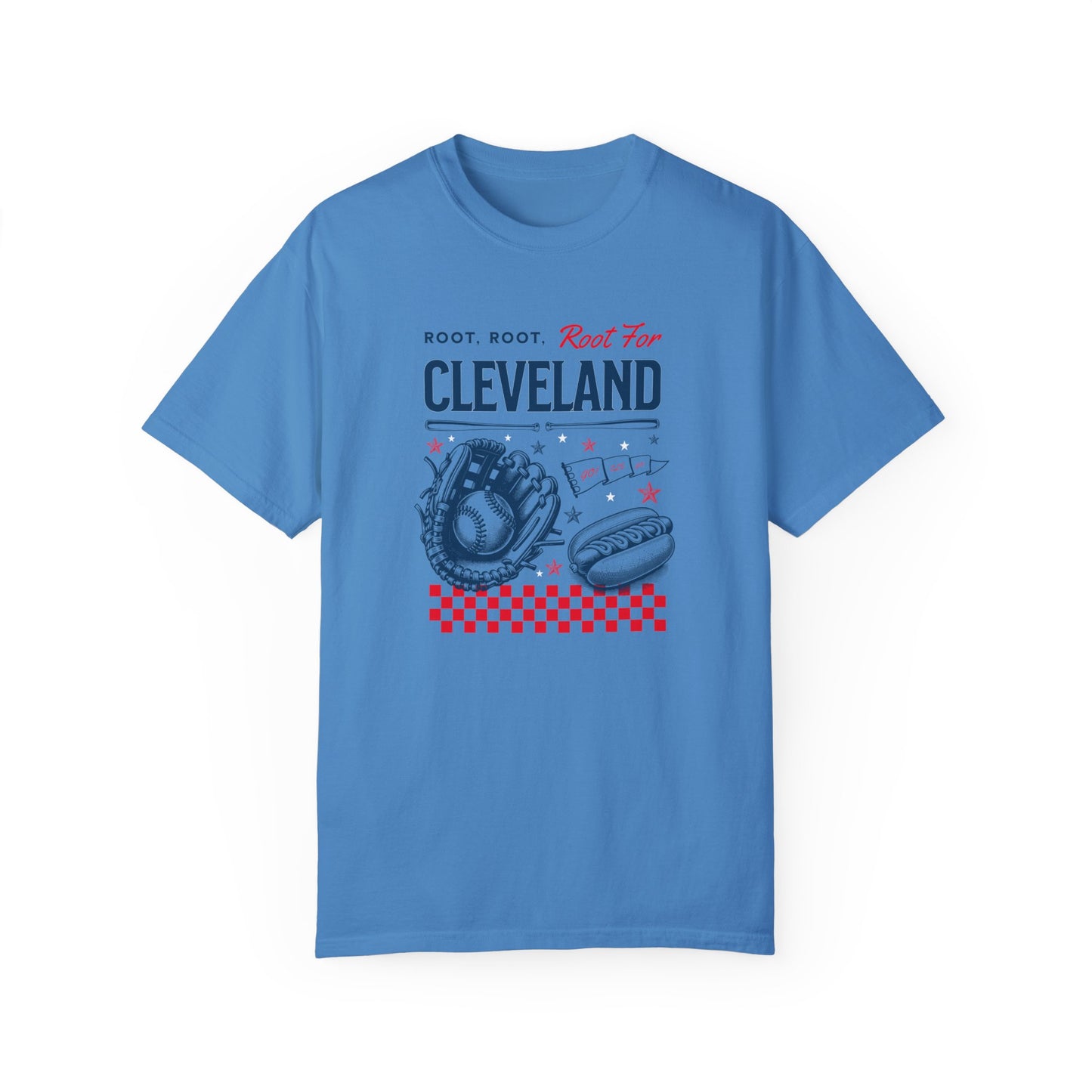 Blue Comfort Colors Tshirt with a Vintage Inspired baseball graphic. The graphic features a baseball glove, ball, and hotdog and various sports items. The text reads Root, Root, Root for Cleveland!