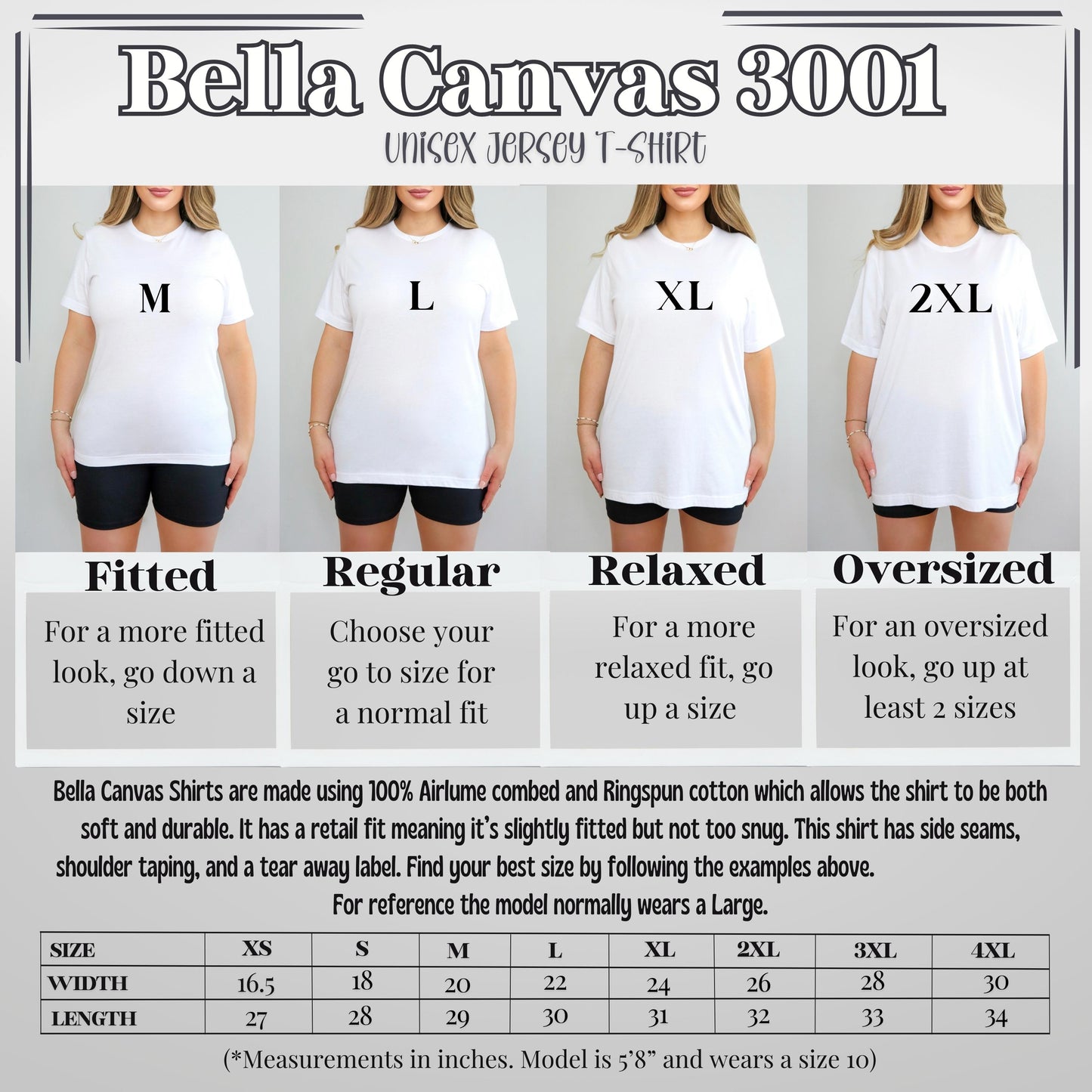 A size comparison of one model wearing 4 different sizes of Bella Canvas 3001 Tshirts to show the various fits.