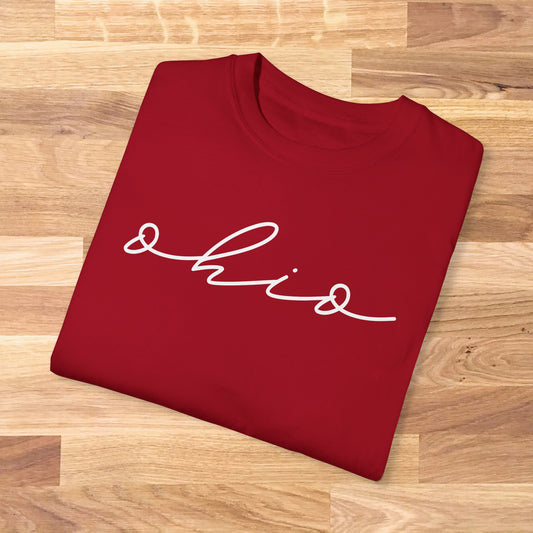 Comfort Colors Tshirt with a simple minimalist script font that reads ohio