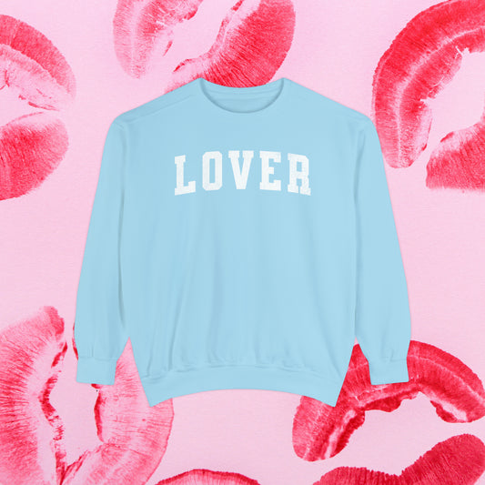 Lover Comfort Colors Sweatshirt, Simple Preppy Varsity Style Valentine's Day Crewneck, Minimalist Vday Top