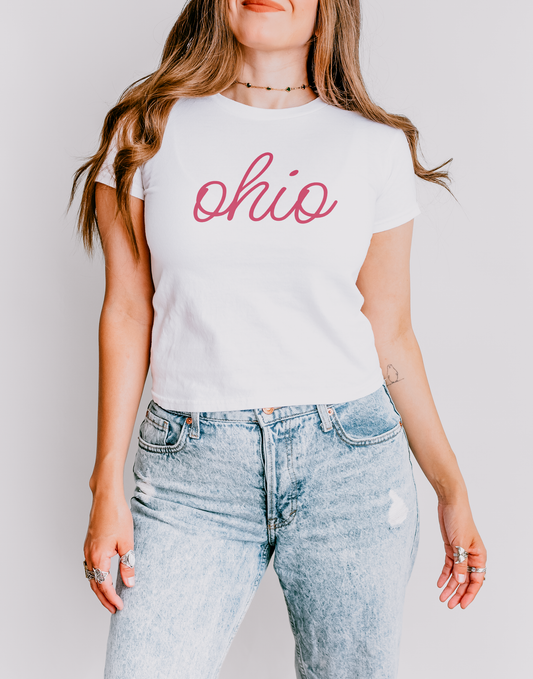 Model wearing White Script Ohio baby tee crop top – minimalist gameday t-shirt for Ohio sports fans and Midwest hometown pride.